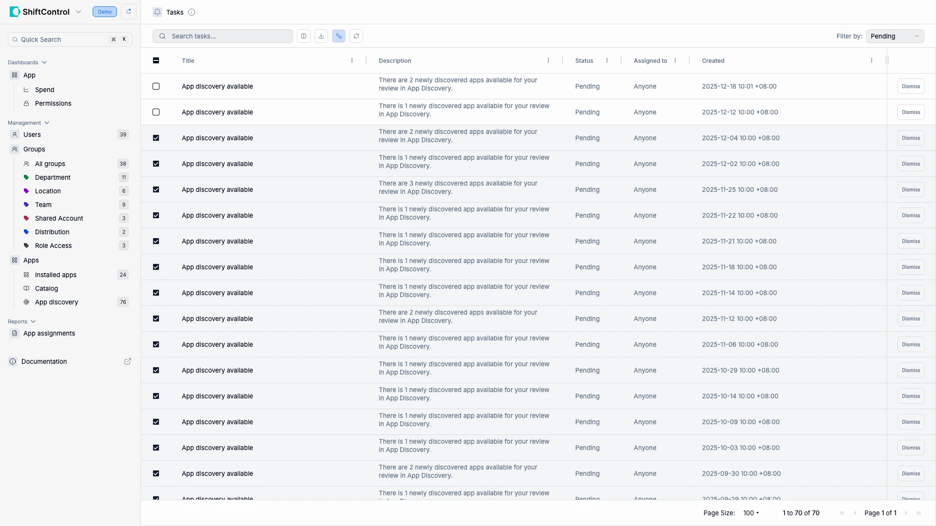 Task Management bulk actions with selected tasks